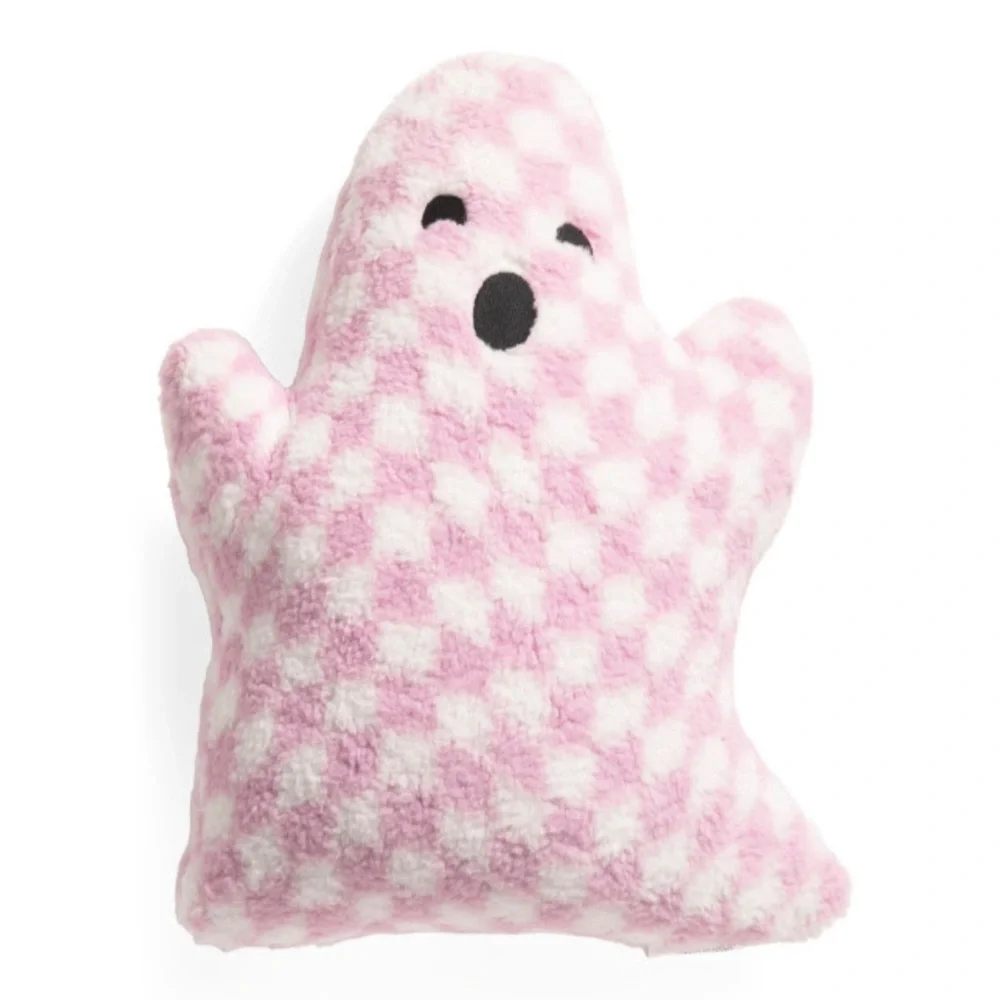 NEW NWT Novogratz Halloween Ghost Pillow Checkered Pink & White Sherpa